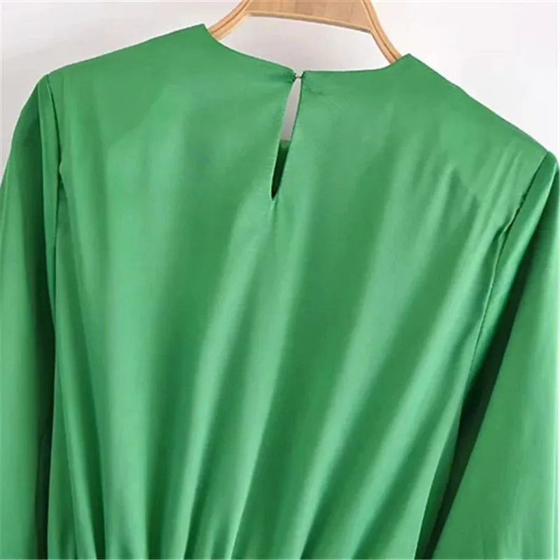 Green Satin Elegant Long Sleeve Mini Summer Dress Knot Wrap Evening Short Dresses