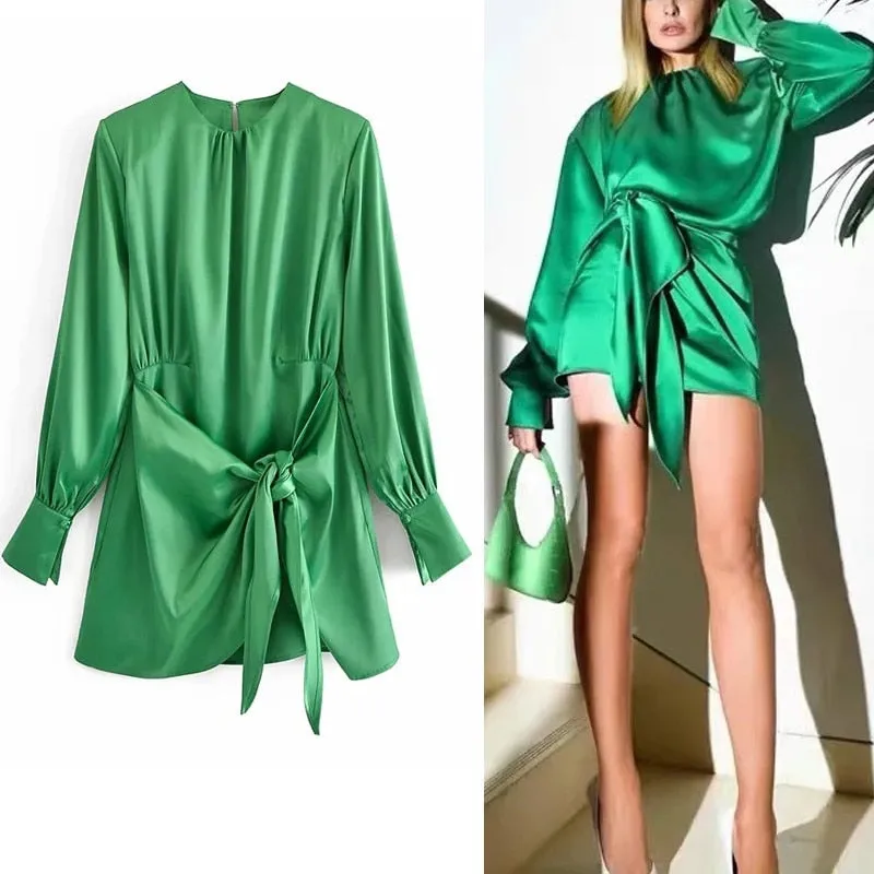 Green Satin Elegant Long Sleeve Mini Summer Dress Knot Wrap Evening Short Dresses