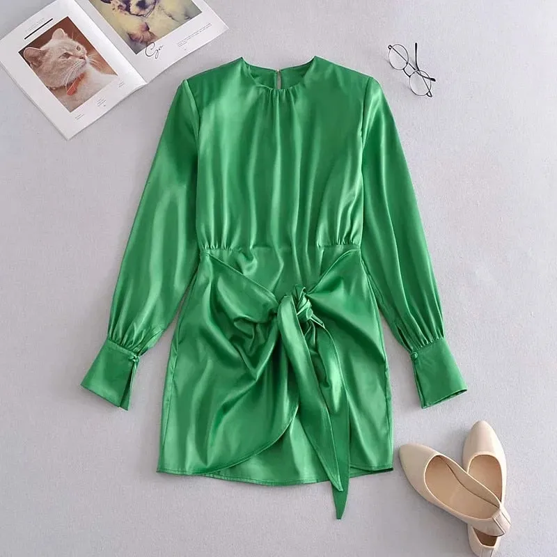 Green Satin Elegant Long Sleeve Mini Summer Dress Knot Wrap Evening Short Dresses