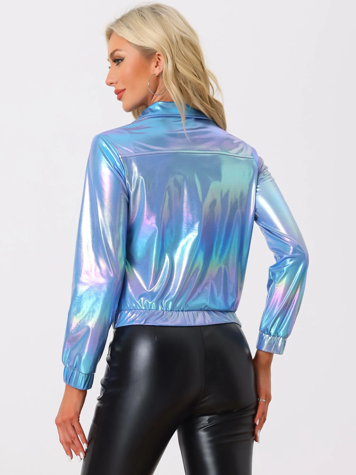 Holographic Long Sleeve Lightweight Zipper Metallic Jacket