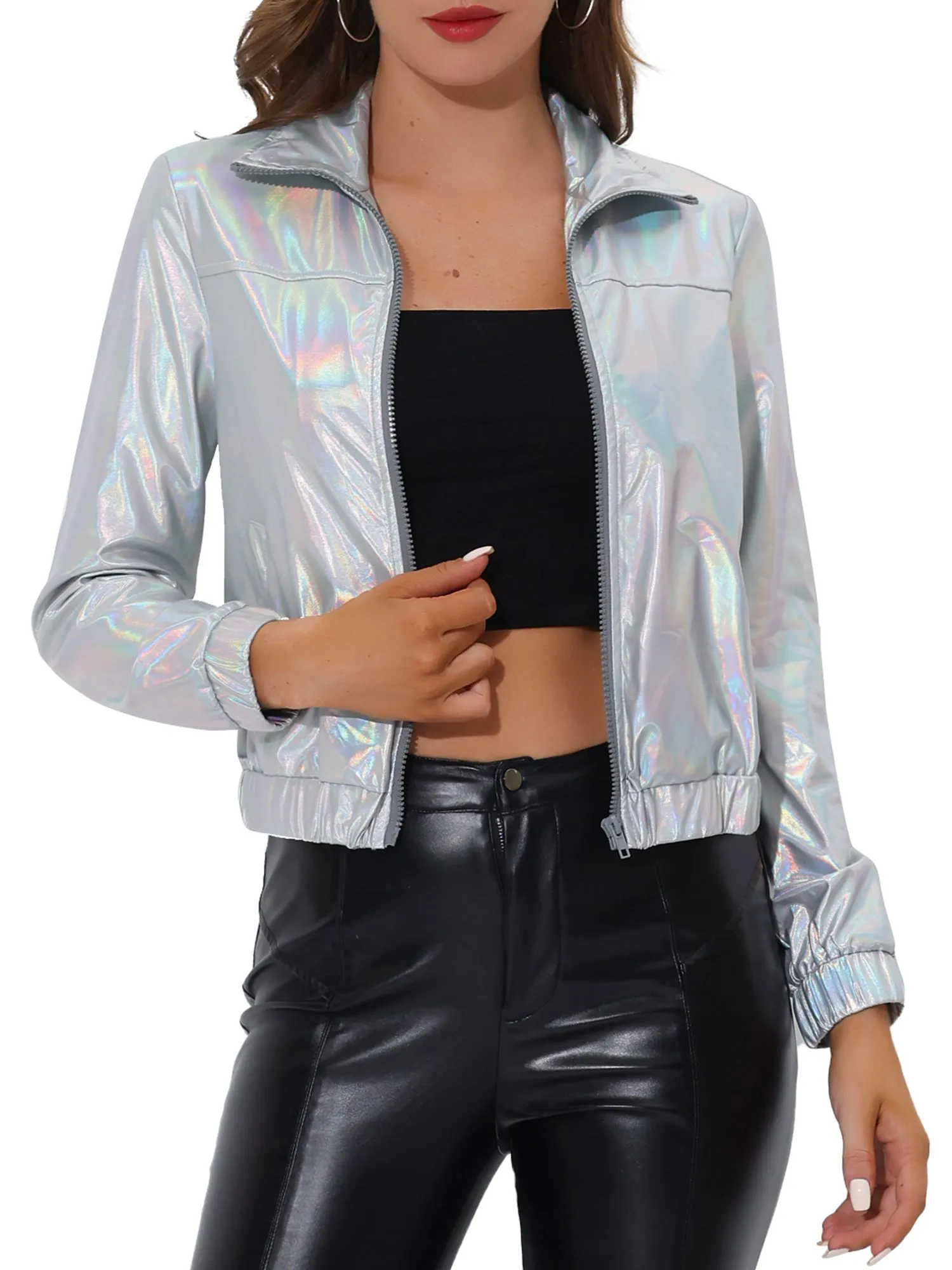 Holographic Long Sleeve Lightweight Zipper Metallic Jacket