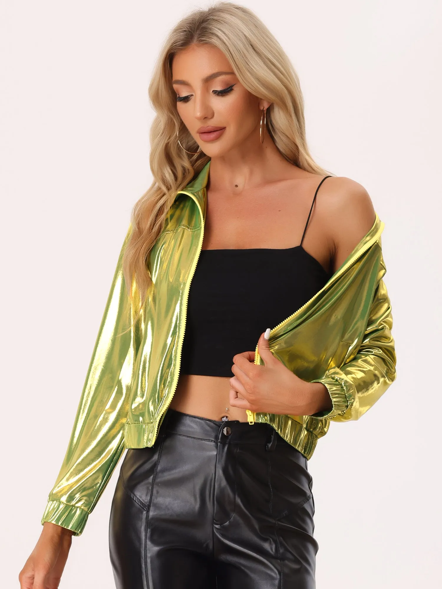 Holographic Long Sleeve Lightweight Zipper Metallic Jacket