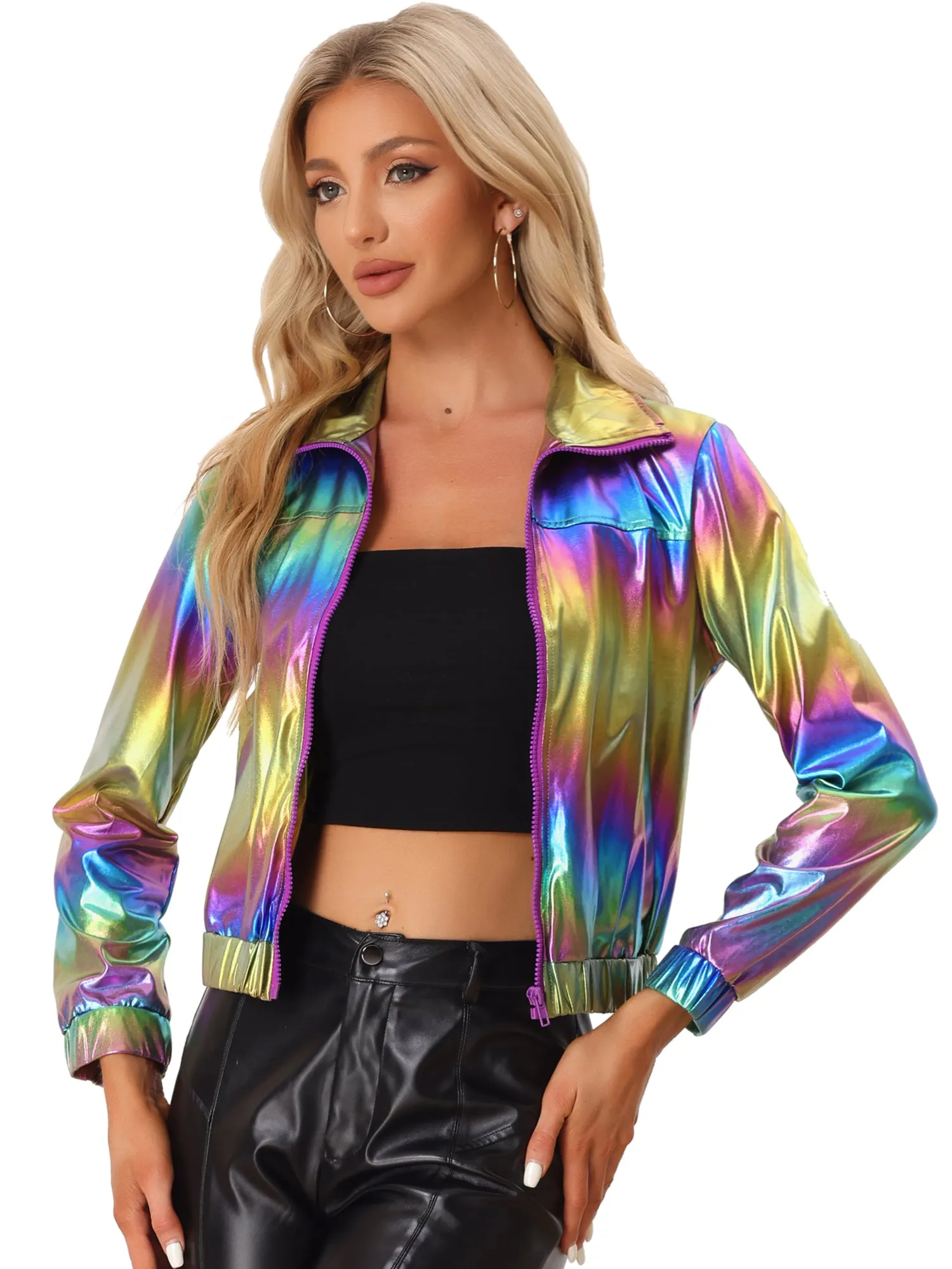 Holographic Long Sleeve Lightweight Zipper Metallic Jacket