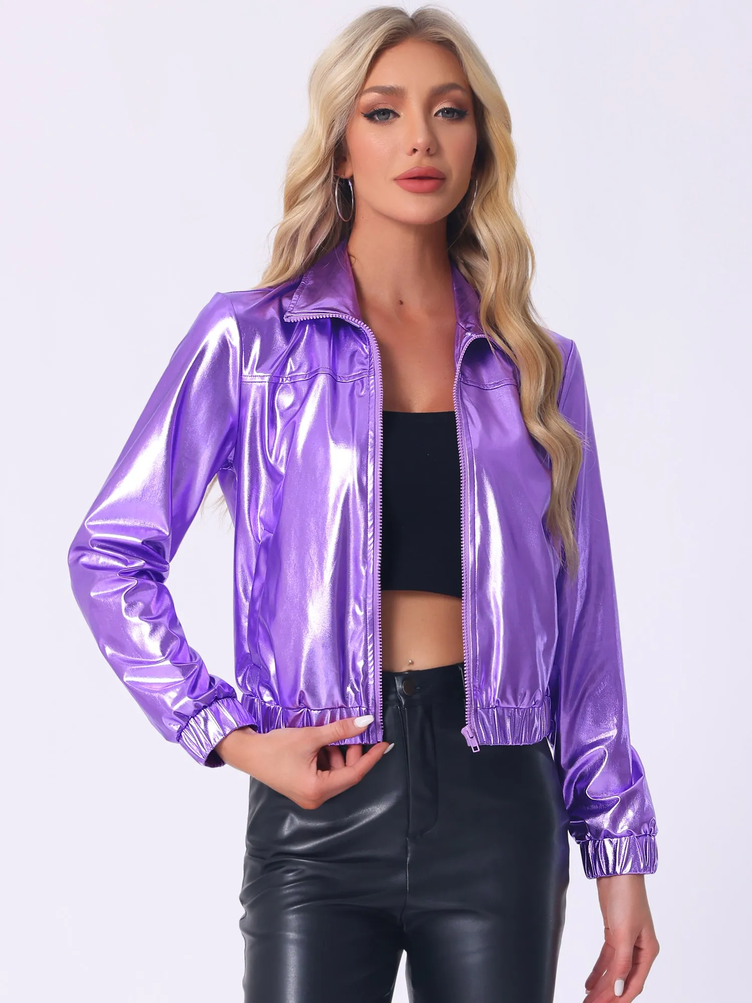 Holographic Long Sleeve Lightweight Zipper Metallic Jacket