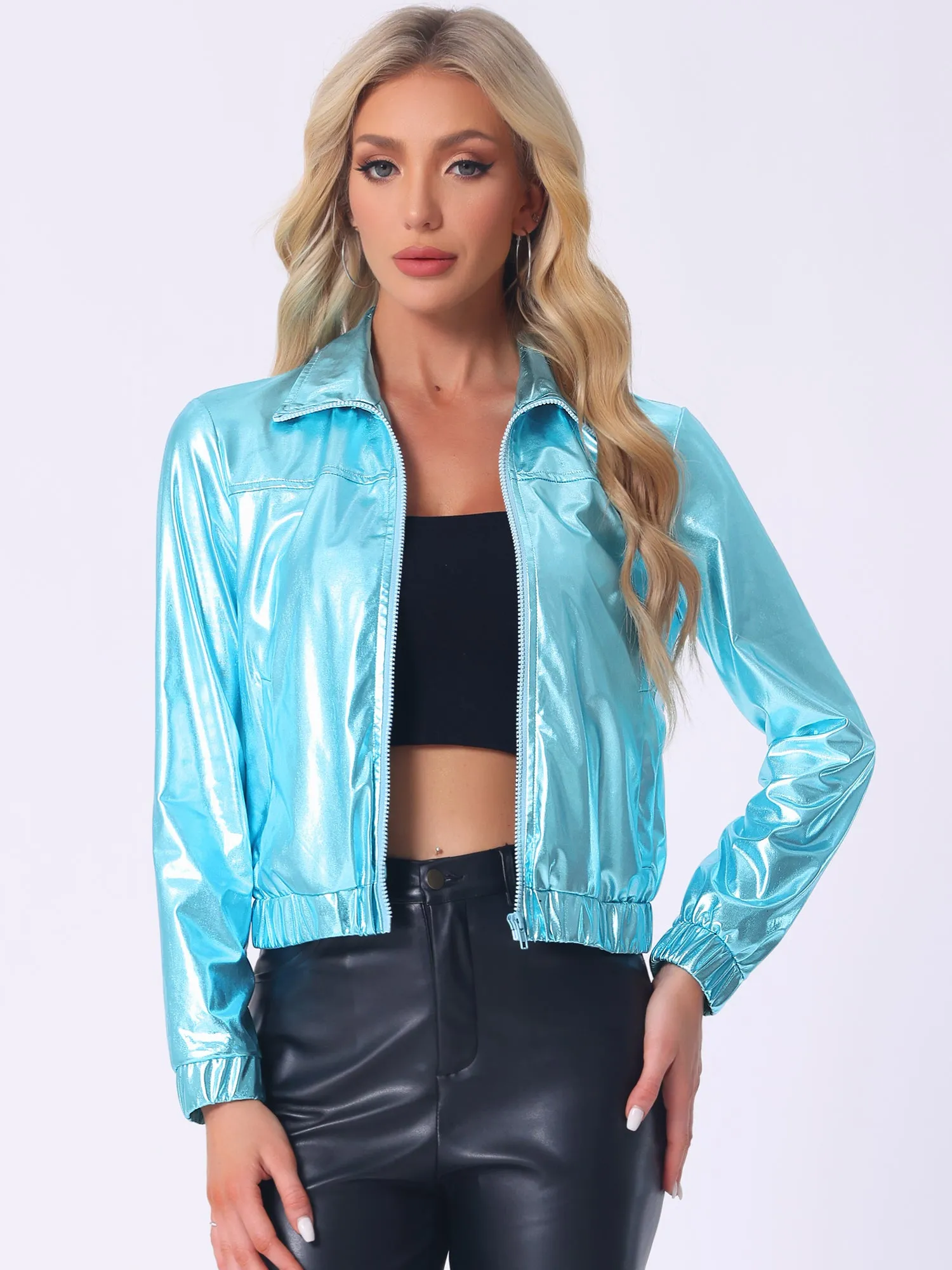 Holographic Long Sleeve Lightweight Zipper Metallic Jacket