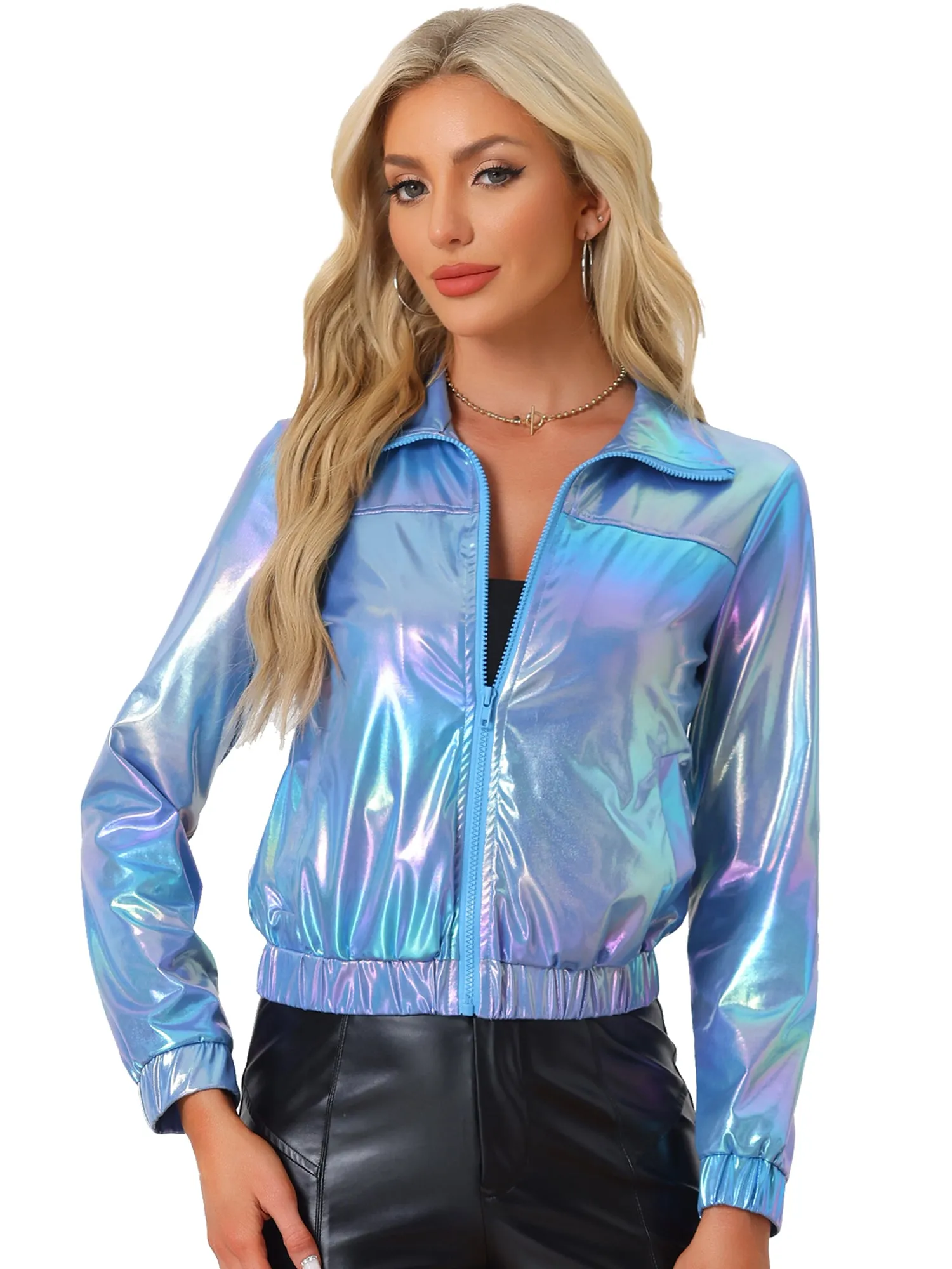 Holographic Long Sleeve Lightweight Zipper Metallic Jacket