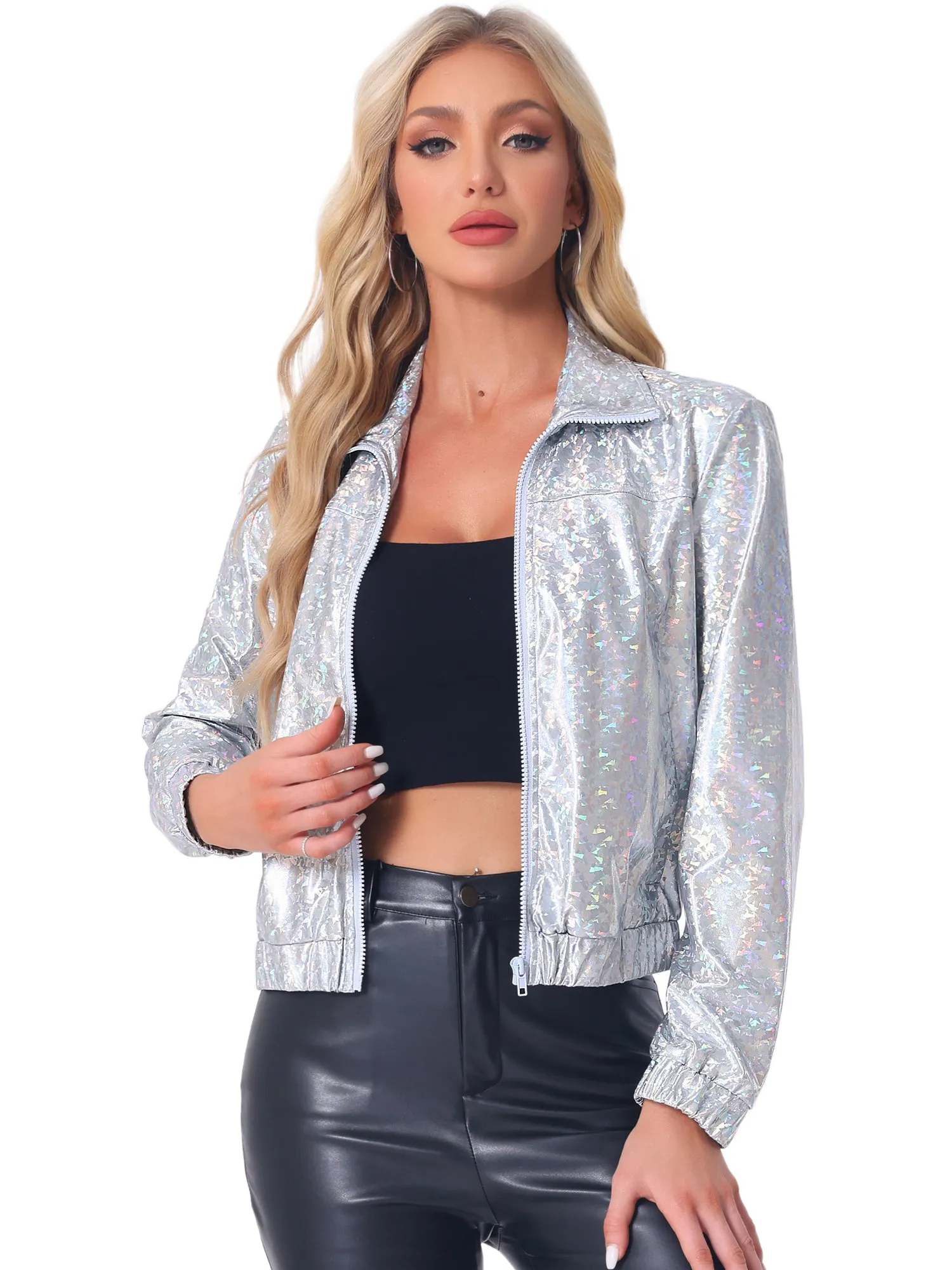 Holographic Long Sleeve Lightweight Zipper Metallic Jacket