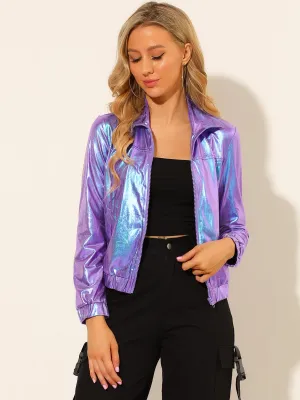 Holographic Long Sleeve Lightweight Zipper Metallic Jacket