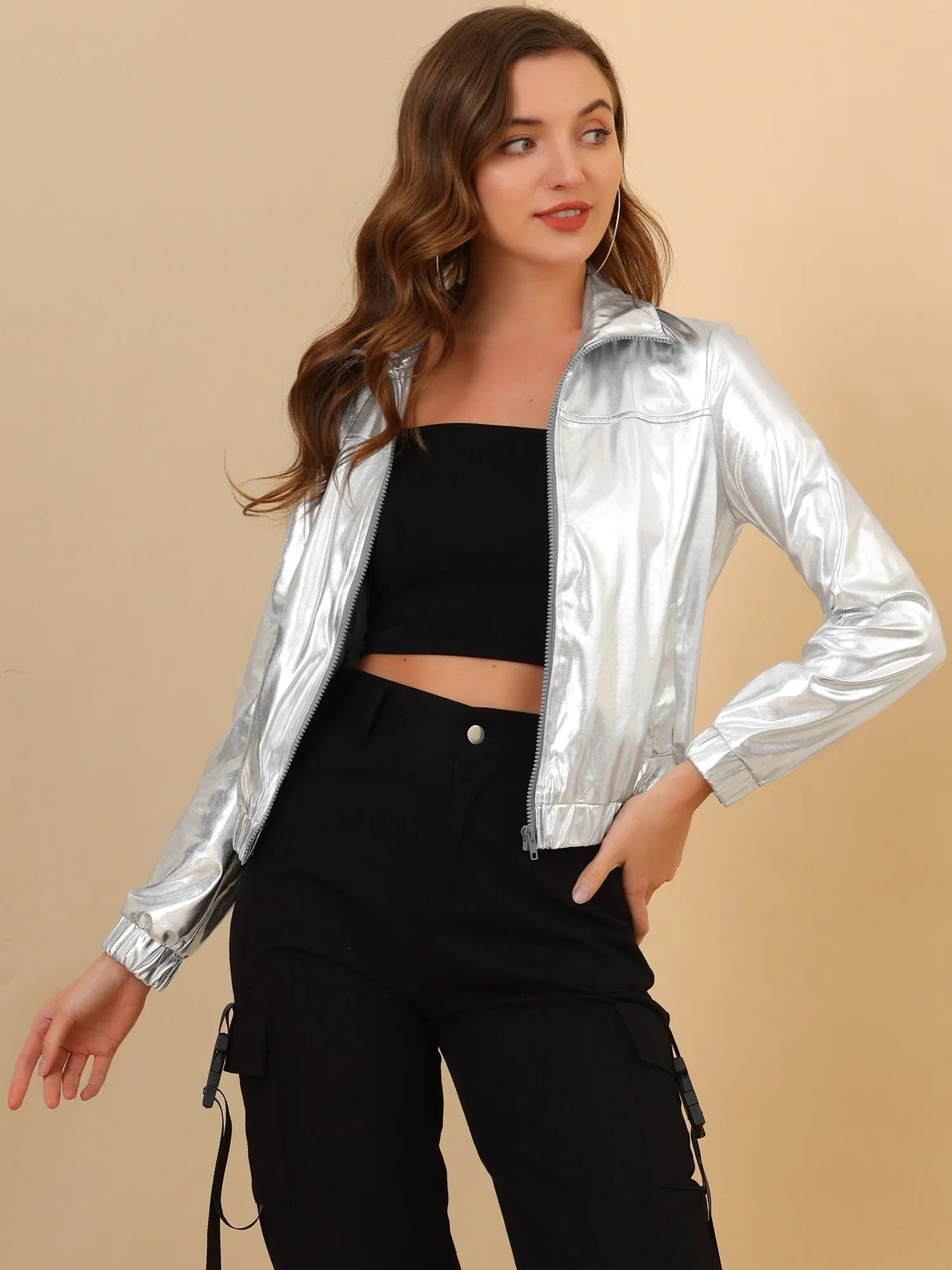 Holographic Long Sleeve Lightweight Zipper Metallic Jacket