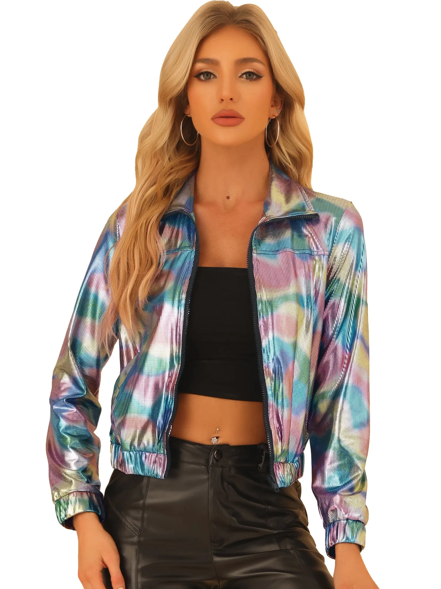 Holographic Long Sleeve Lightweight Zipper Metallic Jacket