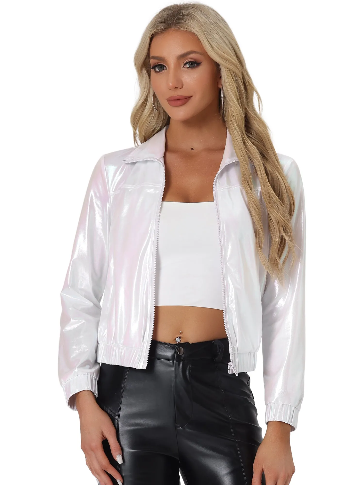 Holographic Long Sleeve Lightweight Zipper Metallic Jacket