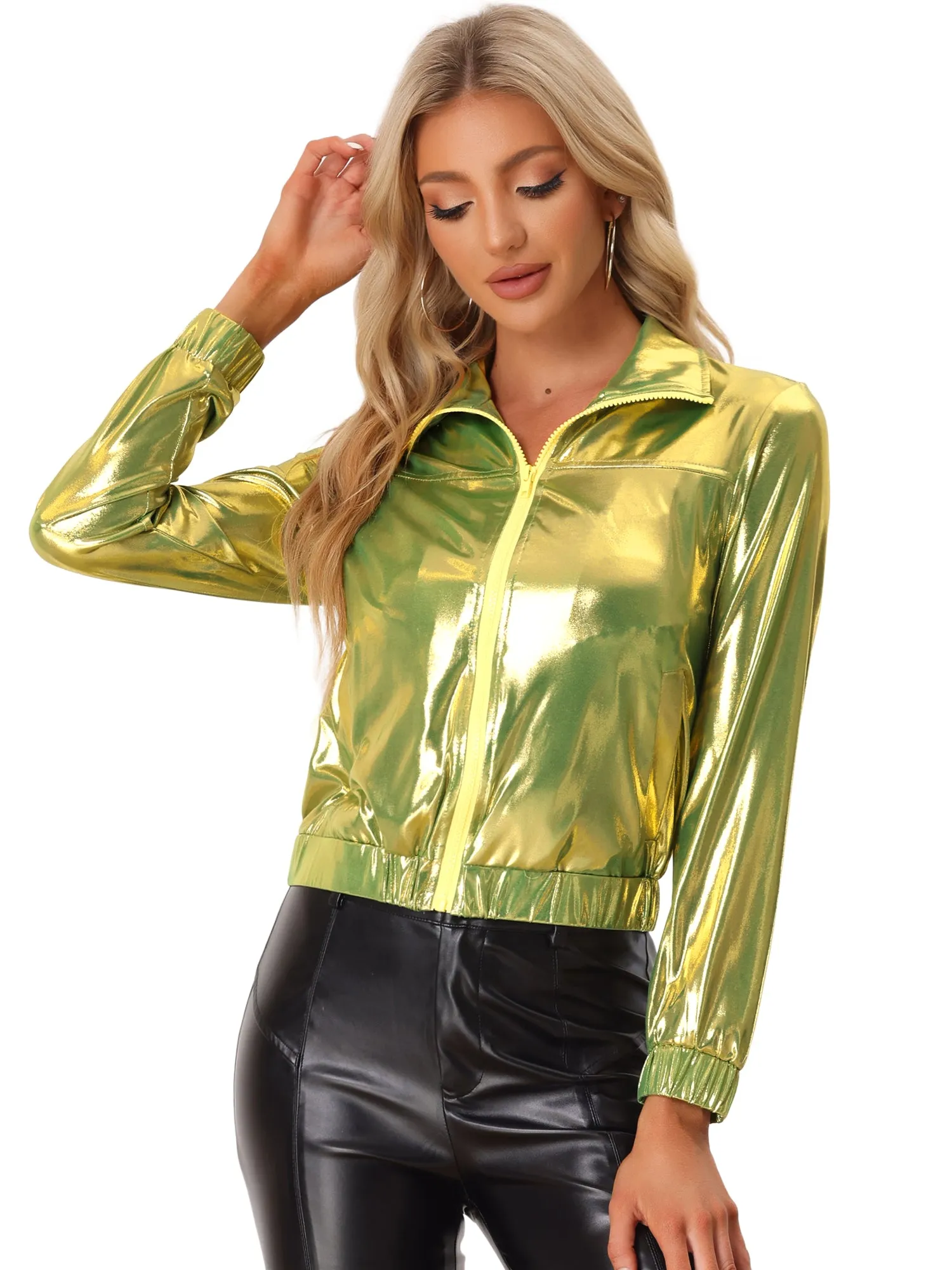 Holographic Long Sleeve Lightweight Zipper Metallic Jacket