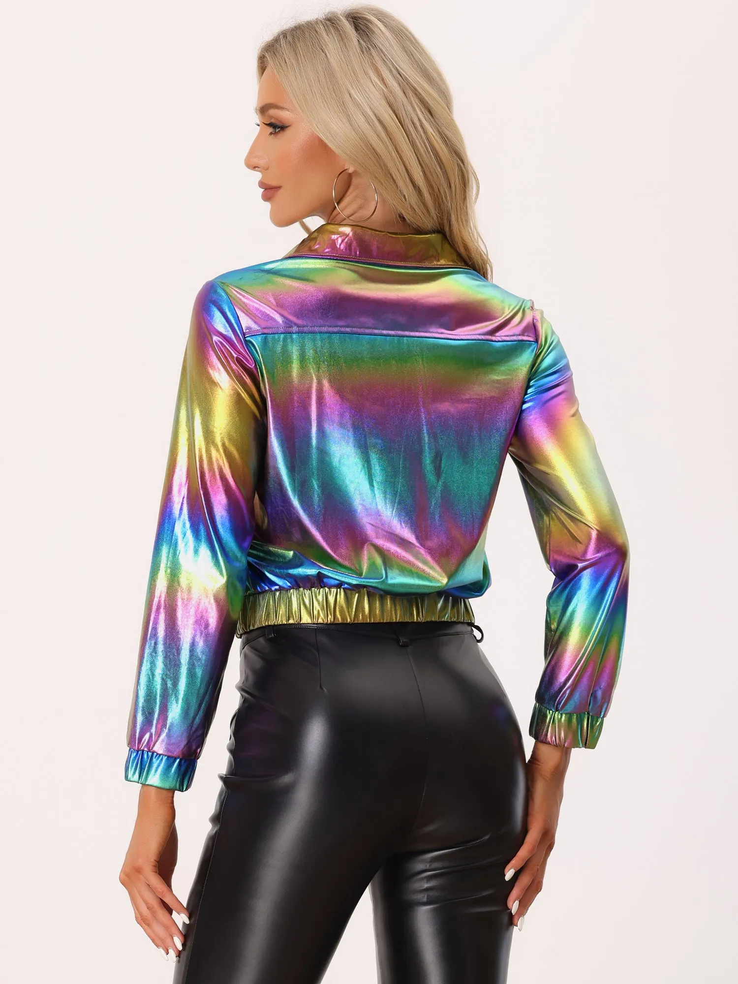 Holographic Long Sleeve Lightweight Zipper Metallic Jacket