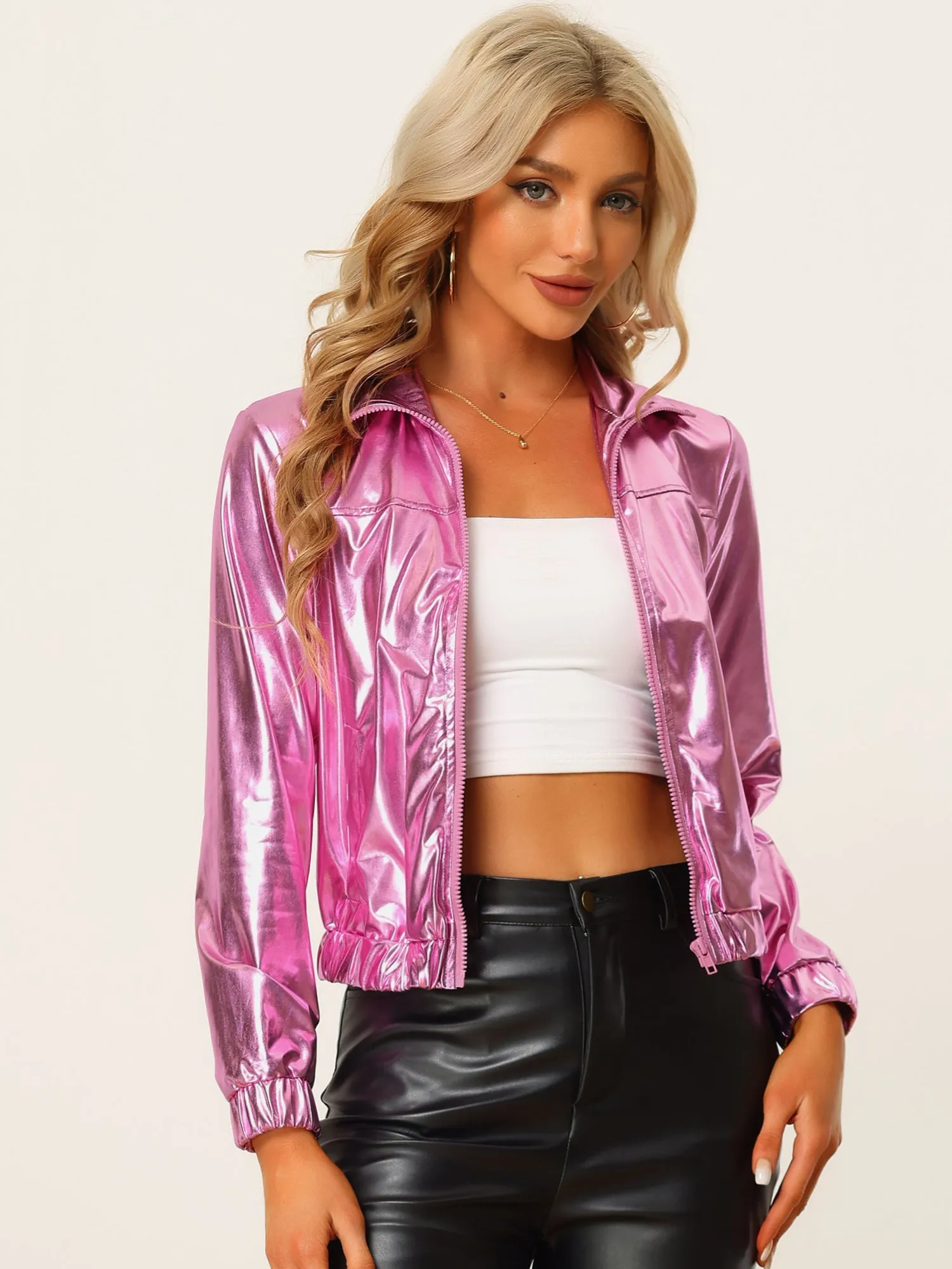 Holographic Long Sleeve Lightweight Zipper Metallic Jacket