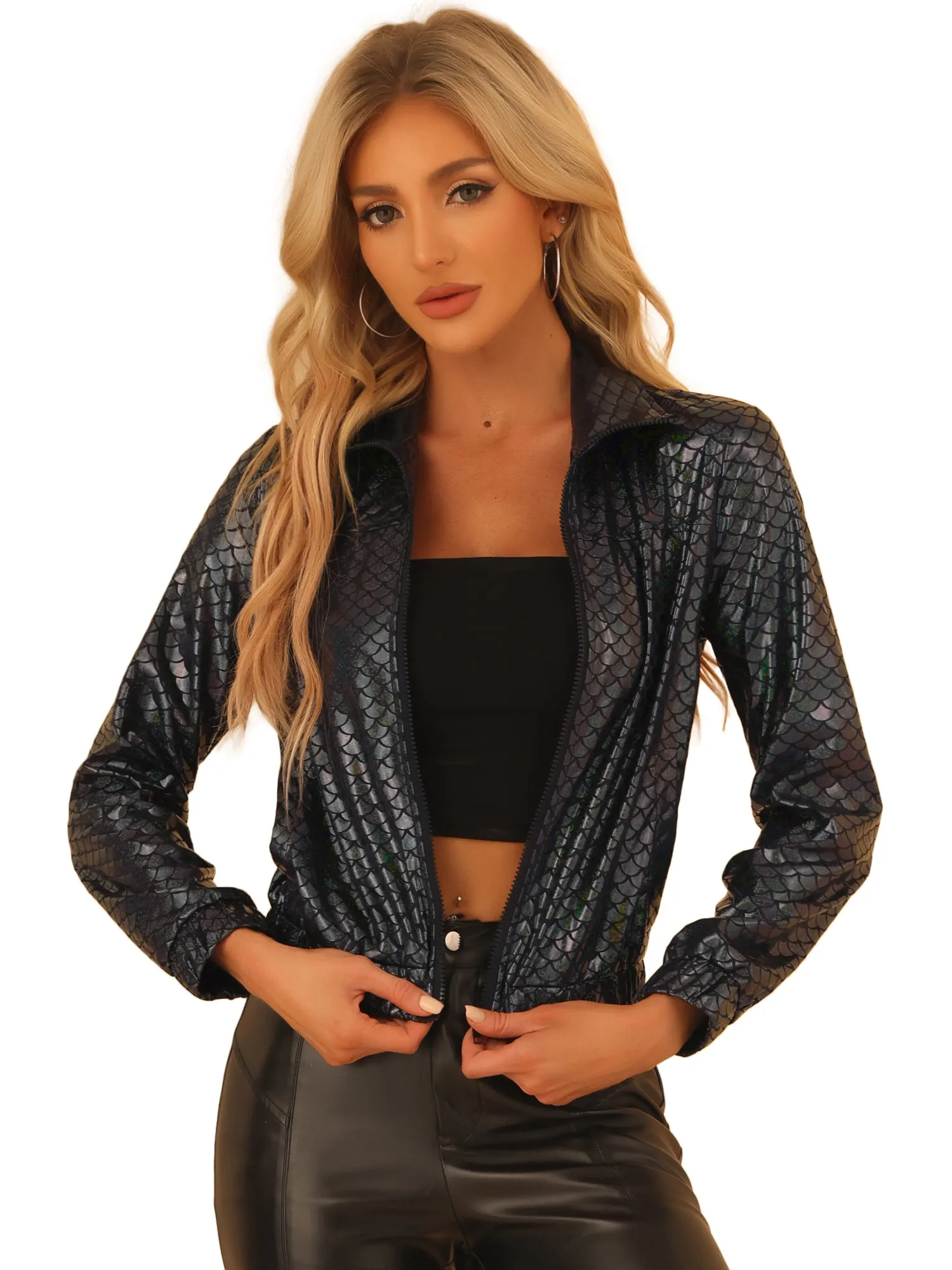 Holographic Long Sleeve Lightweight Zipper Metallic Jacket