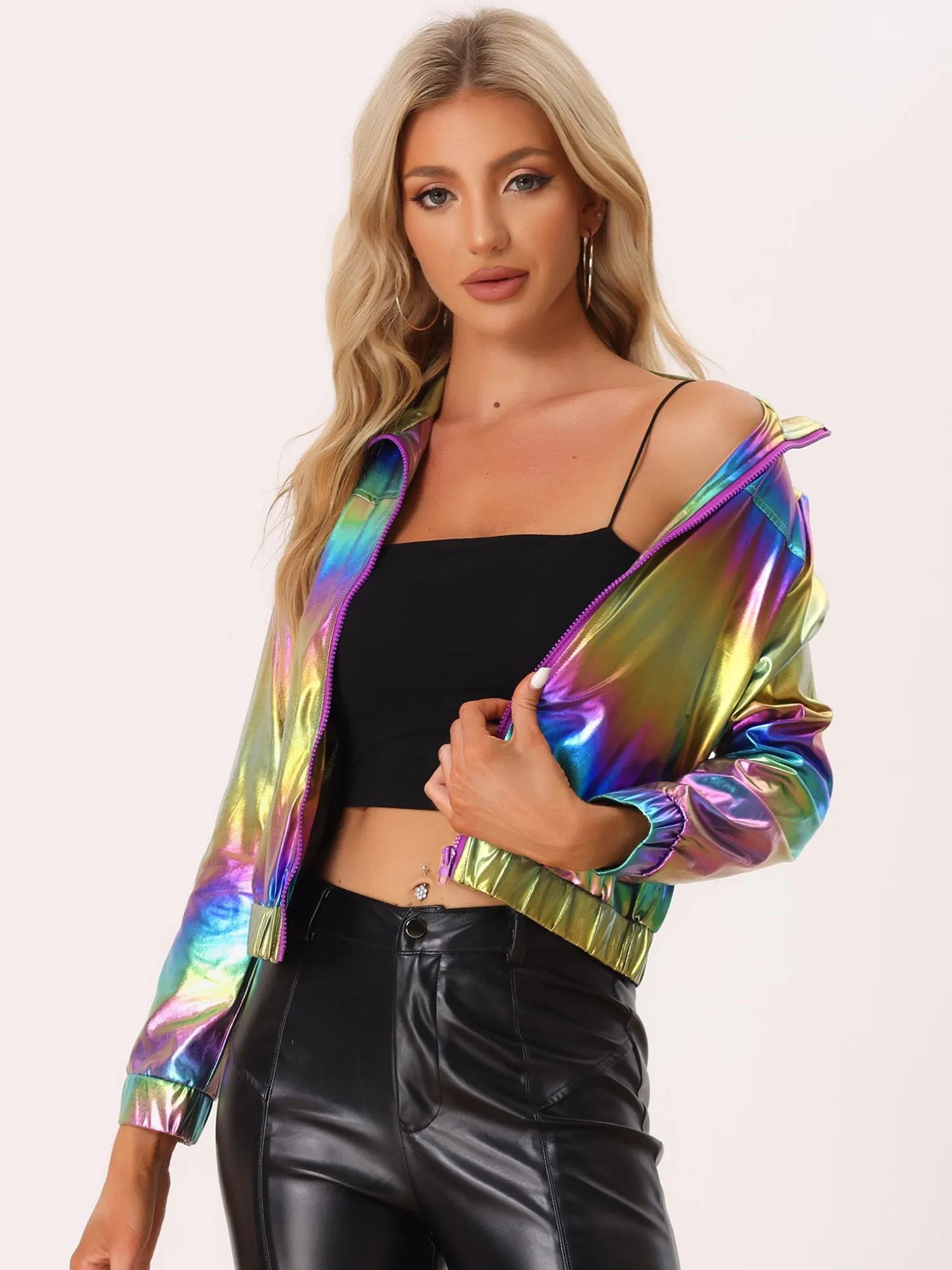 Holographic Long Sleeve Lightweight Zipper Metallic Jacket