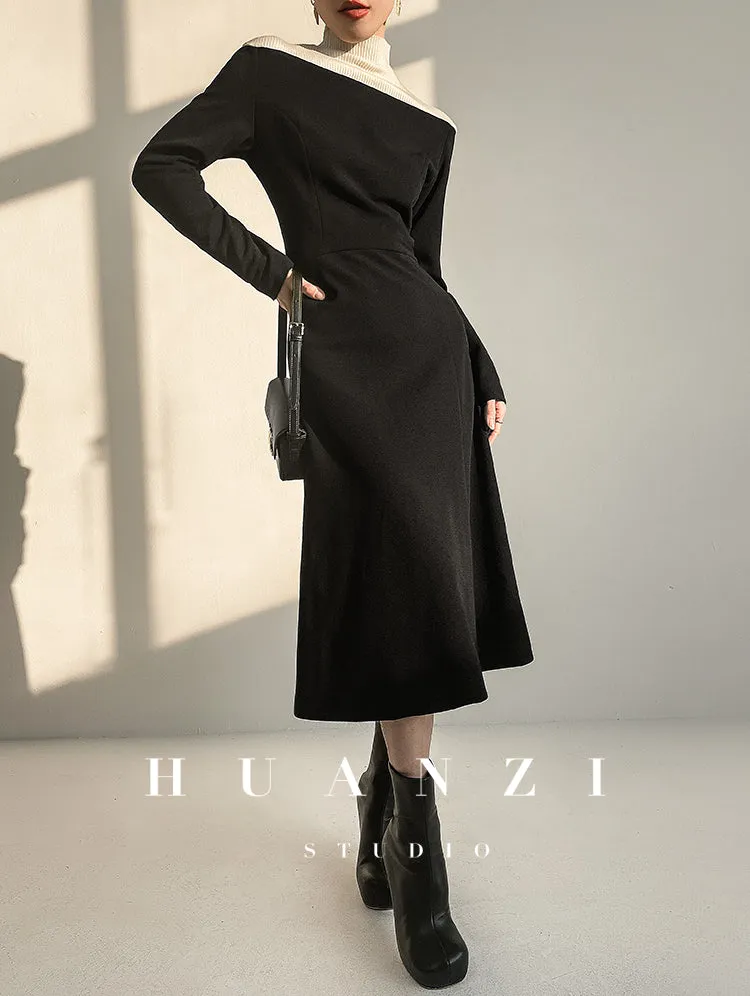 Huanzi new  elegant classic black high turtle neck dress - Kios