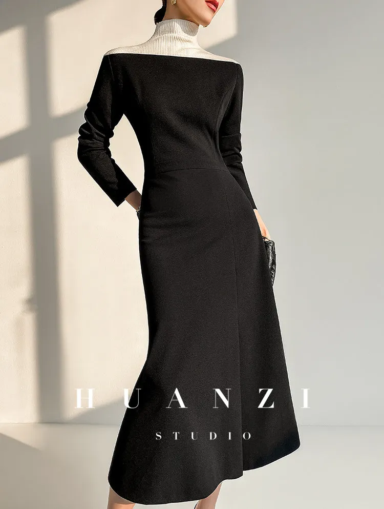 Huanzi new  elegant classic black high turtle neck dress - Kios