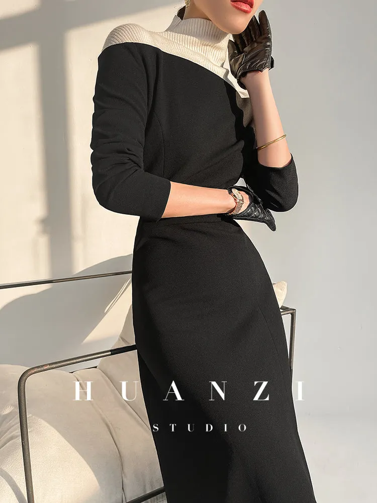 Huanzi new  elegant classic black high turtle neck dress - Kios