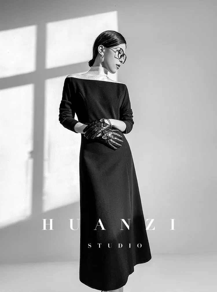 Huanzi new  elegant classic black high turtle neck dress - Kios