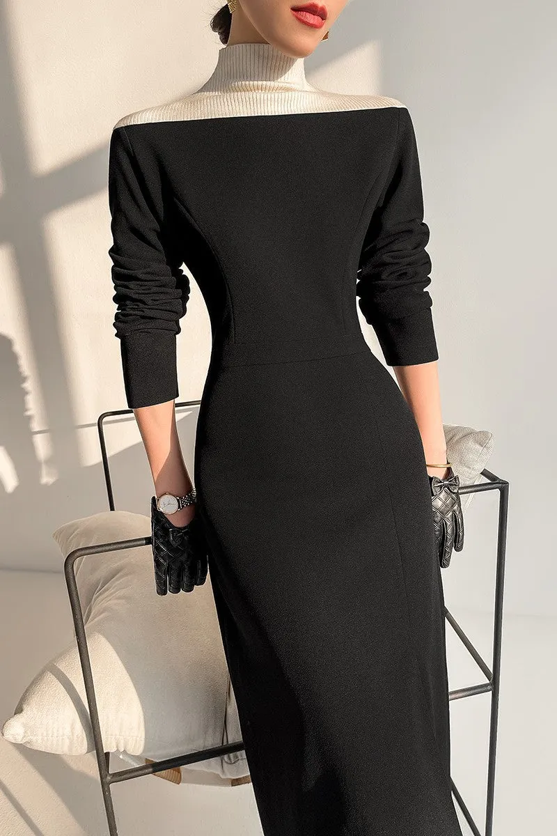 Huanzi new  elegant classic black high turtle neck dress - Kios