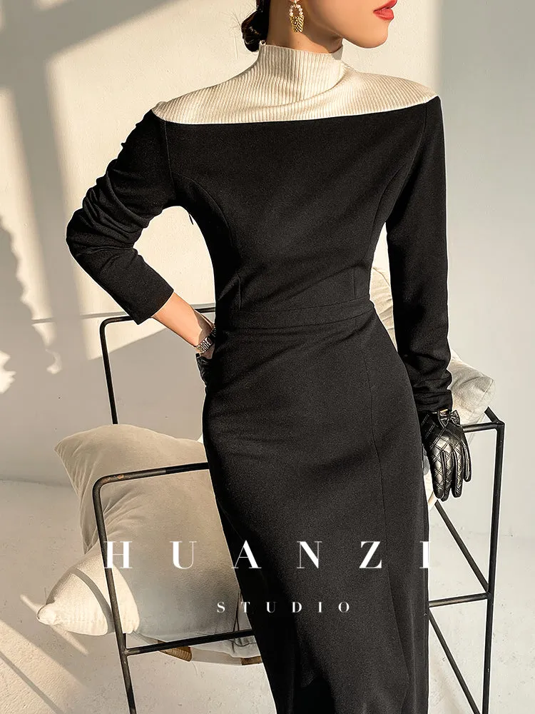 Huanzi new  elegant classic black high turtle neck dress - Kios