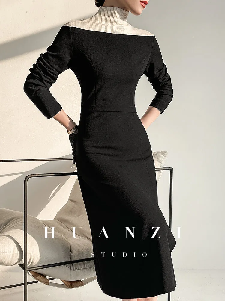 Huanzi new  elegant classic black high turtle neck dress - Kios