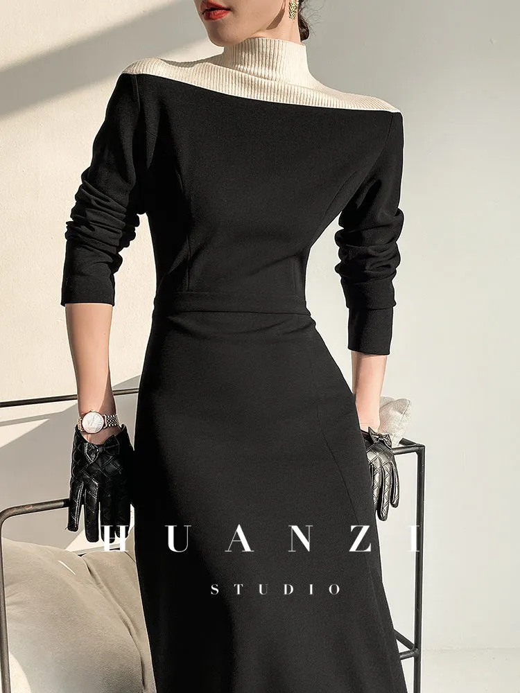 Huanzi new  elegant classic black high turtle neck dress - Kios