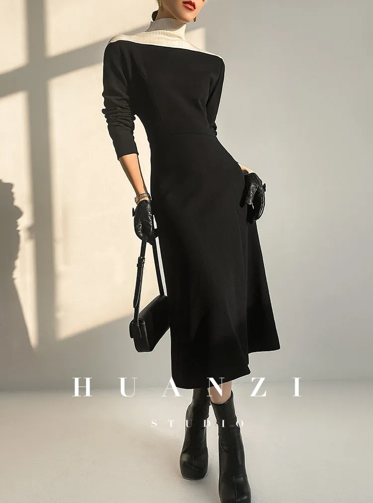 Huanzi new  elegant classic black high turtle neck dress - Kios