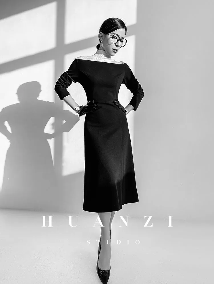 Huanzi new  elegant classic black high turtle neck dress - Kios