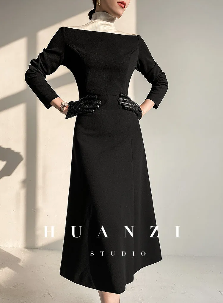 Huanzi new  elegant classic black high turtle neck dress - Kios