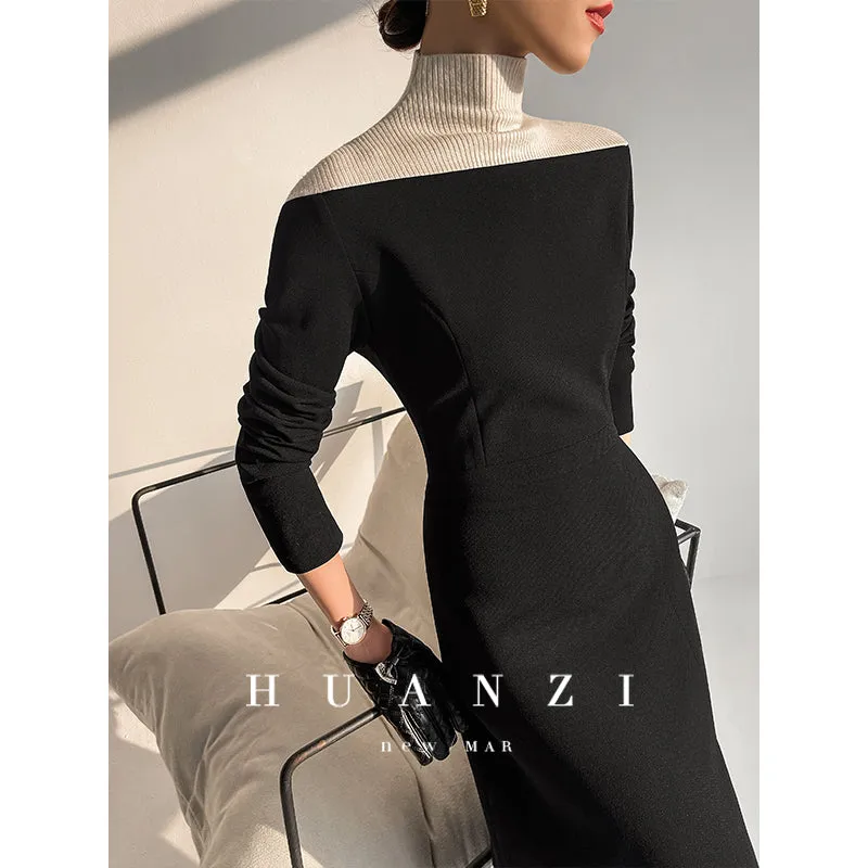 Huanzi new  elegant classic black high turtle neck dress - Kios