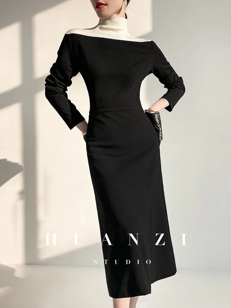 Huanzi new  elegant classic black high turtle neck dress - Kios