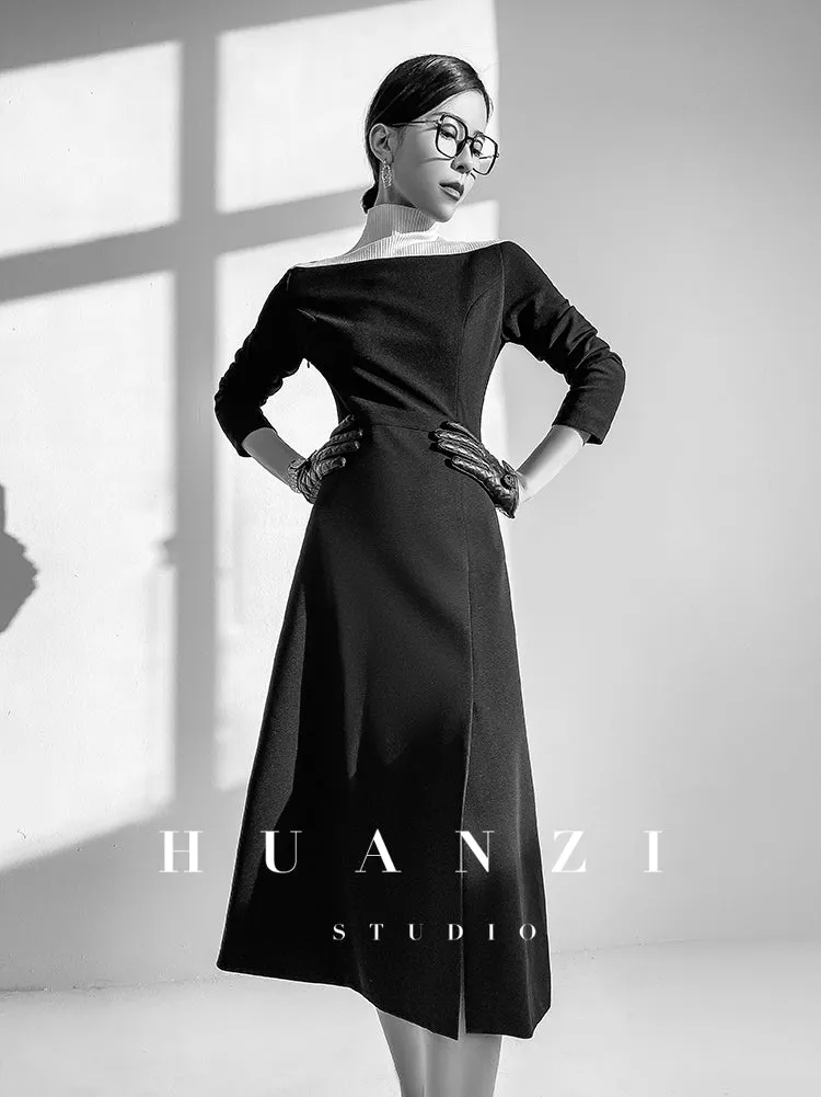 Huanzi new  elegant classic black high turtle neck dress - Kios