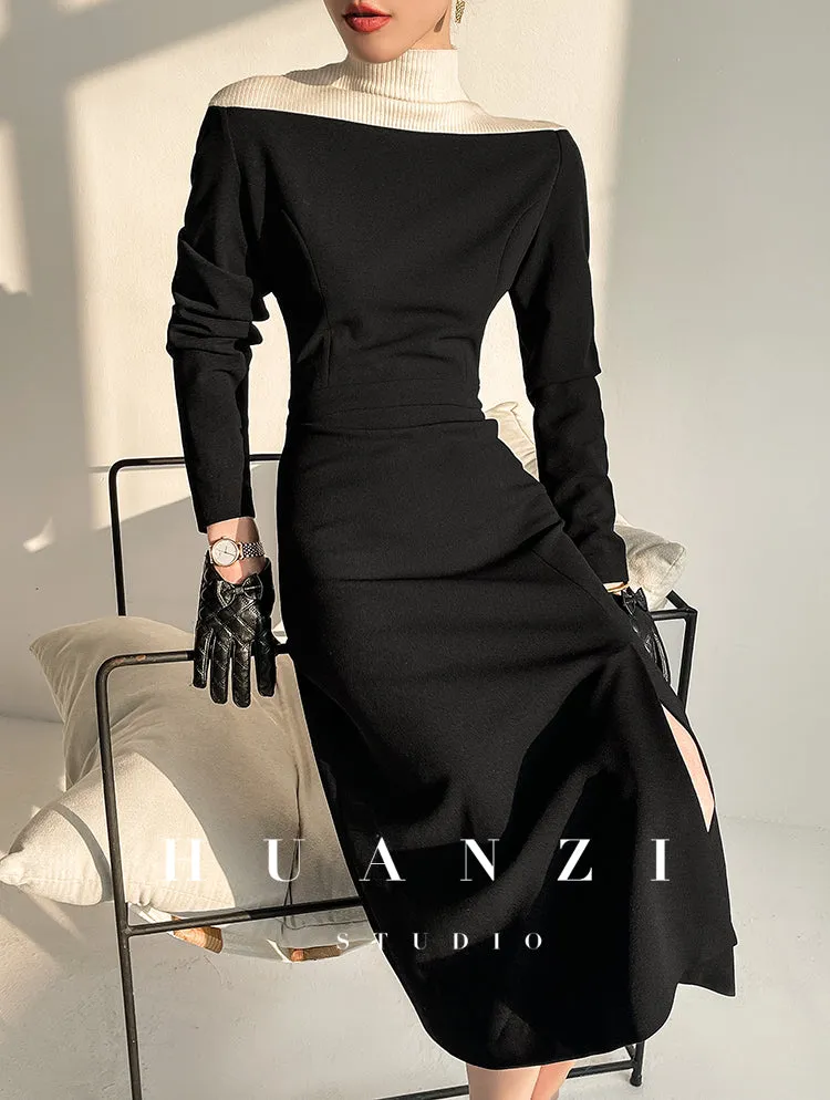 Huanzi new  elegant classic black high turtle neck dress - Kios