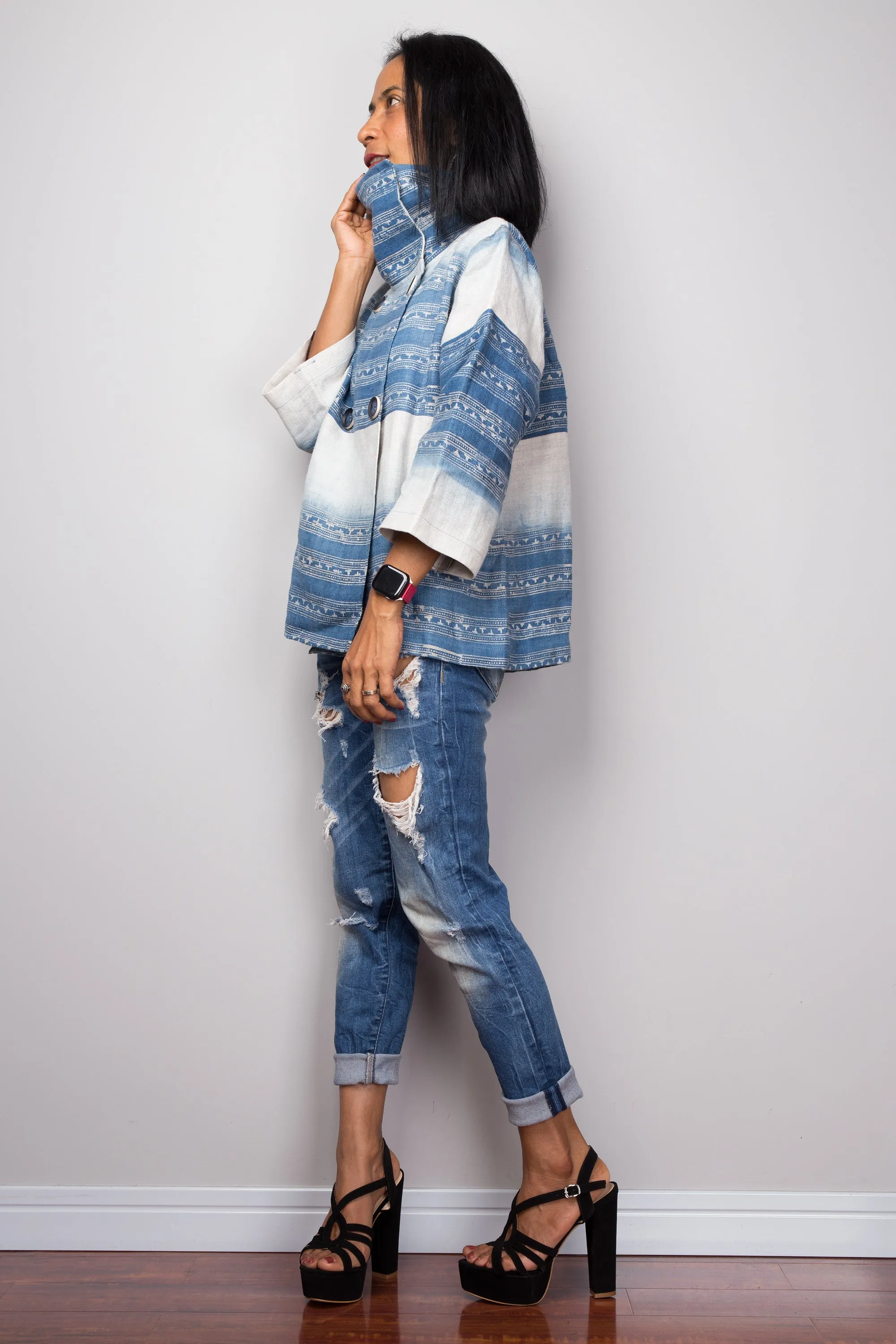 Indigo Hemp jacket | Hand drawn batik jacket | Hill tribe fabric tunic top