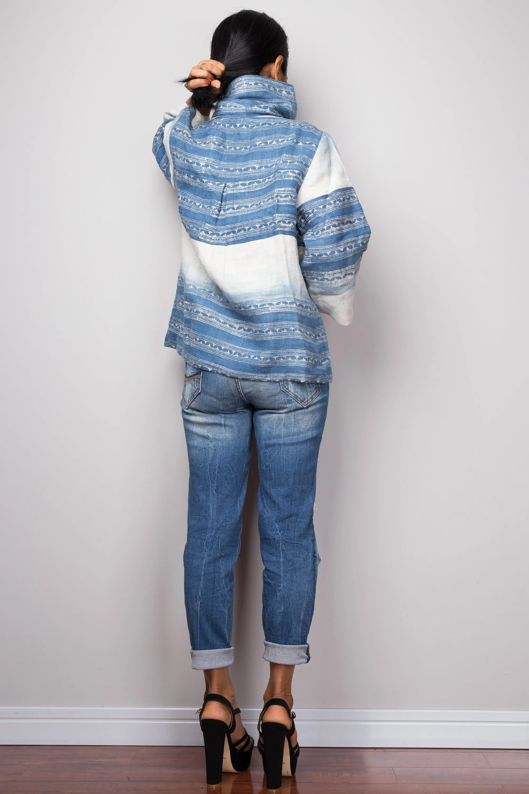 Indigo Hemp jacket | Hand drawn batik jacket | Hill tribe fabric tunic top