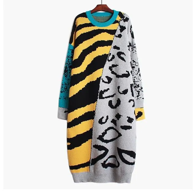 'Jessy' Mixed Animal Prints Sweater Dress