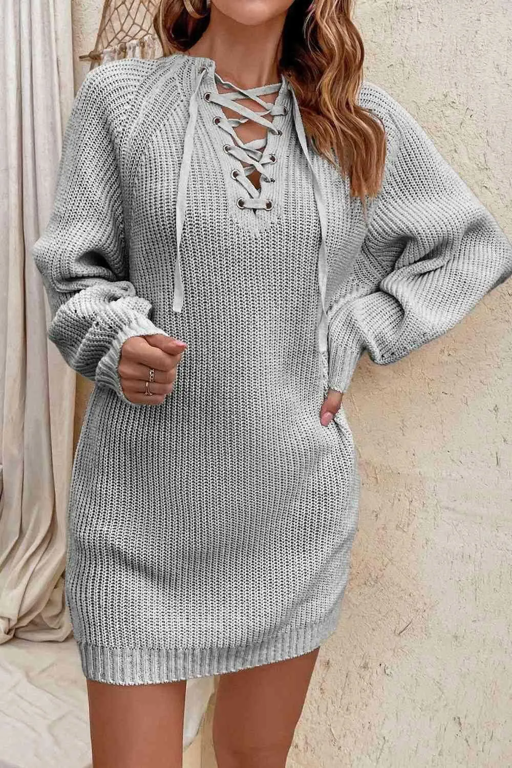 Lace-Up Mini Sweater Dress