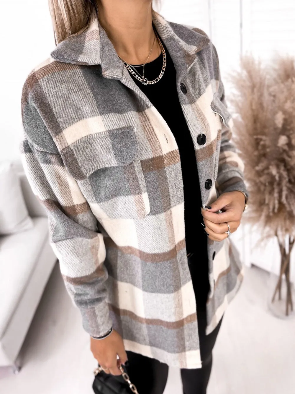 Long-sleeved Single-breasted Plaid  Woollen Jacket Shacket