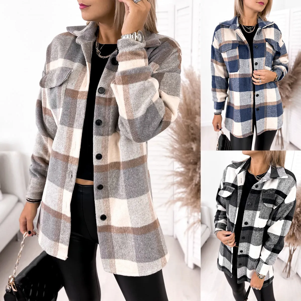 Long-sleeved Single-breasted Plaid  Woollen Jacket Shacket