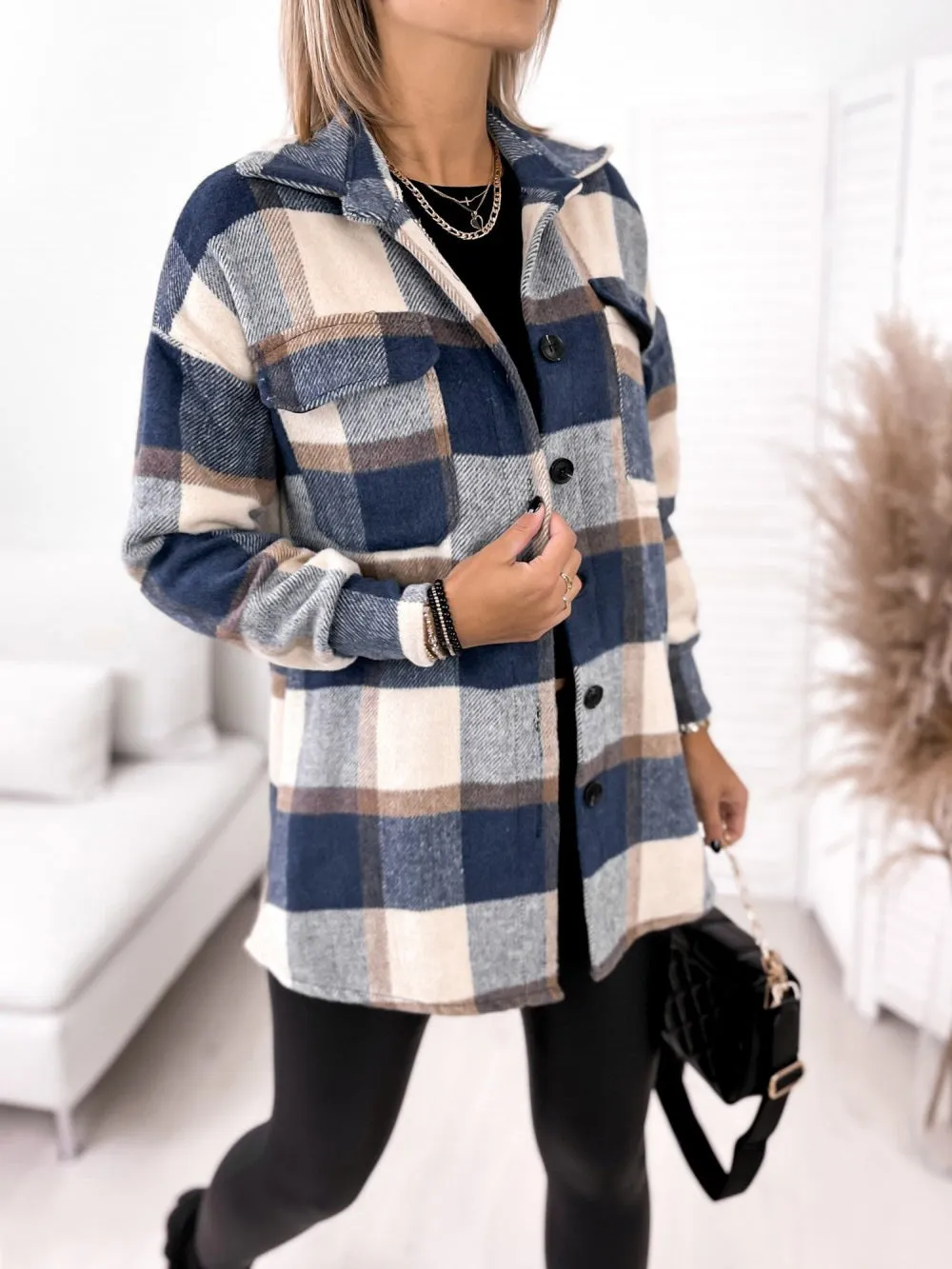 Long-sleeved Single-breasted Plaid  Woollen Jacket Shacket