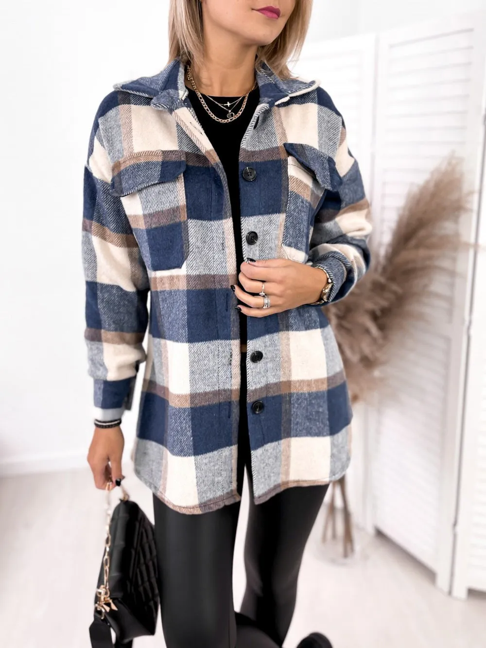 Long-sleeved Single-breasted Plaid  Woollen Jacket Shacket