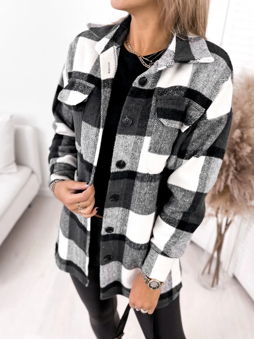 Long-sleeved Single-breasted Plaid  Woollen Jacket Shacket