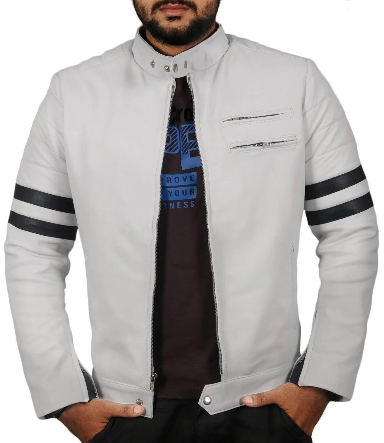 Men Genuine Lambskin White Leather Black Stripped Jacket Slim fit Biker Motorcycle Design jacket