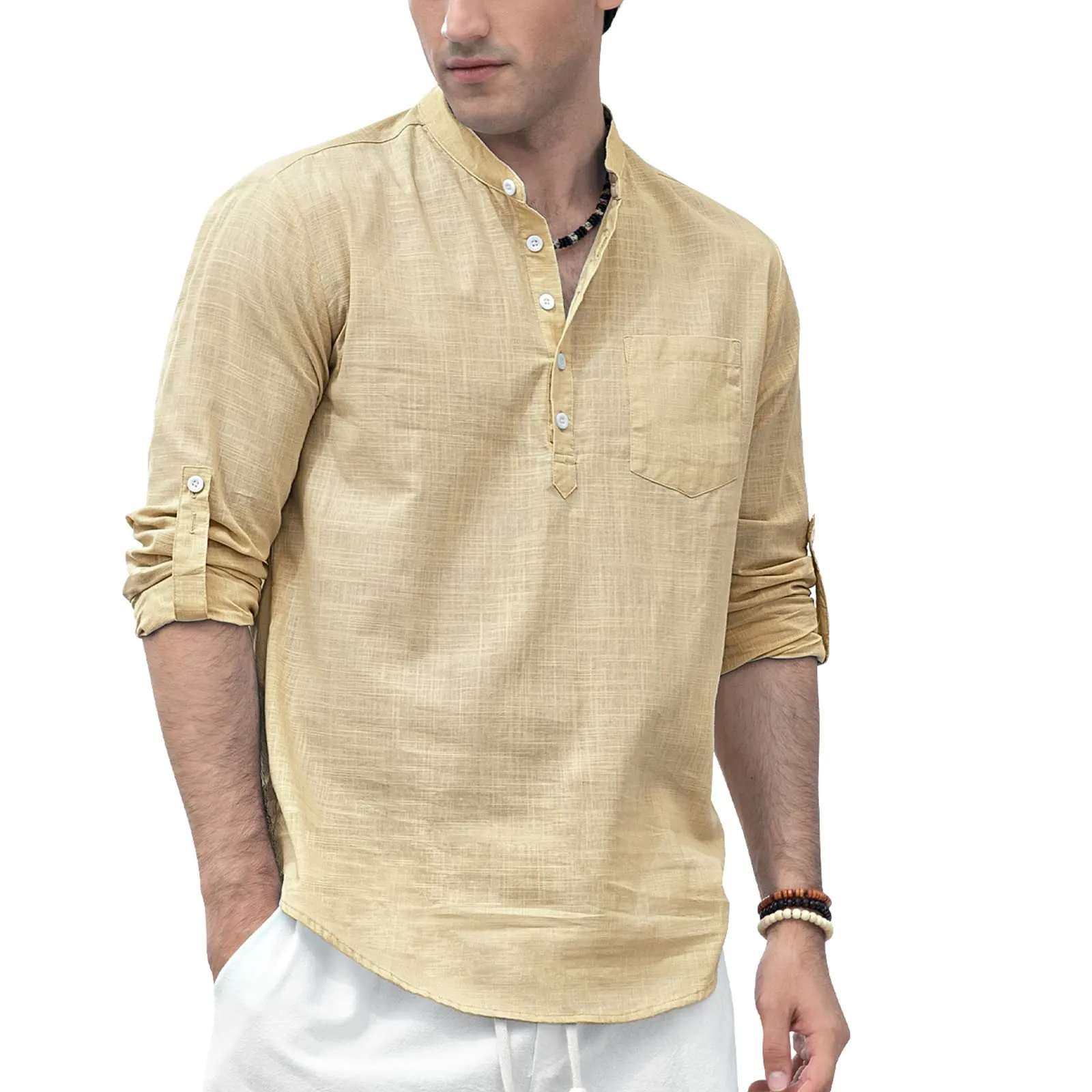 Men‘s Henley Shirt Lightweight with Pocket - BEIGE-1