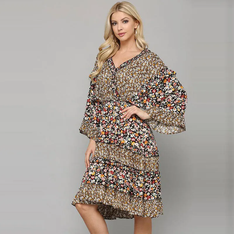 Mixed Prints Tiered Ruffle Dress