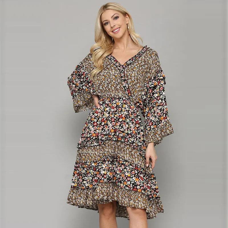 Mixed Prints Tiered Ruffle Dress