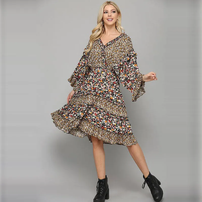 Mixed Prints Tiered Ruffle Dress