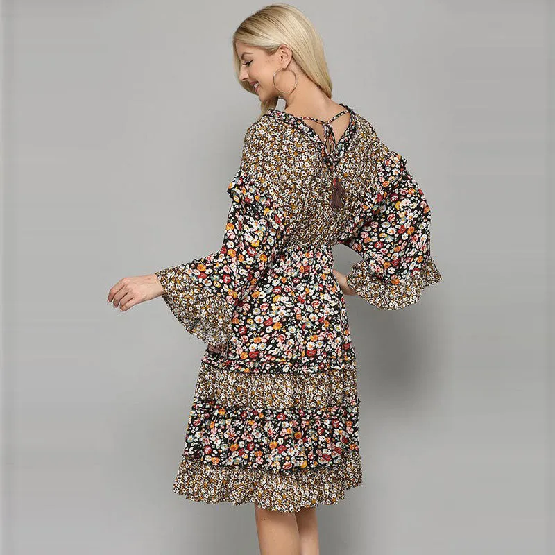 Mixed Prints Tiered Ruffle Dress